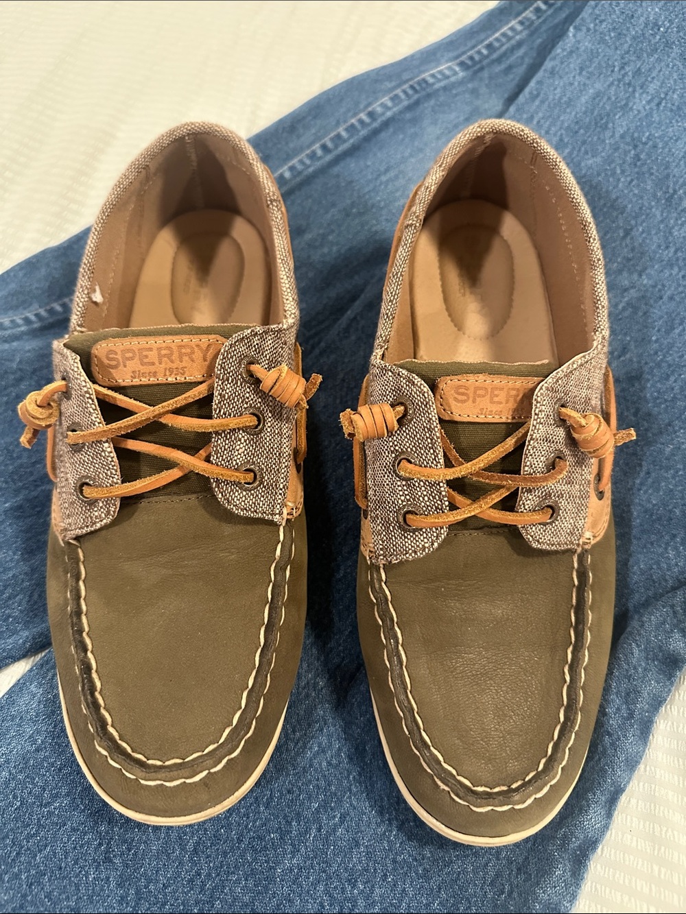 Sperry Olive Canvas and Tan Leather Trim Women's Boat Shoes